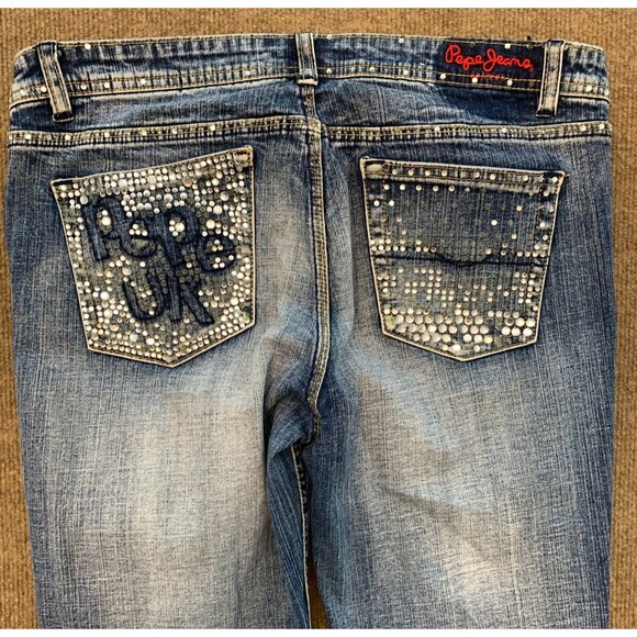 Pepe Jeans Womens 32x31 Low Rise Bootcut Embellished Stretch UK Denim - Picture 2 of 8